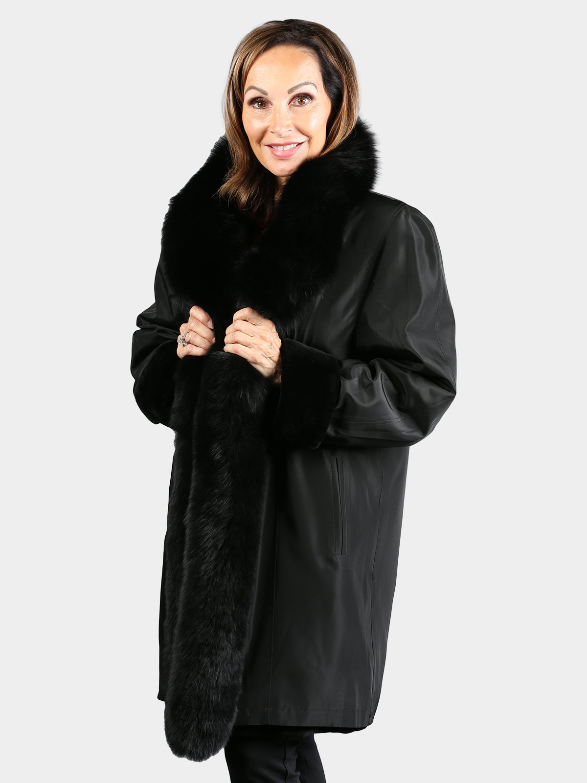 Women's Black Sheared Mink Stroller with Black Fox Tuxedo