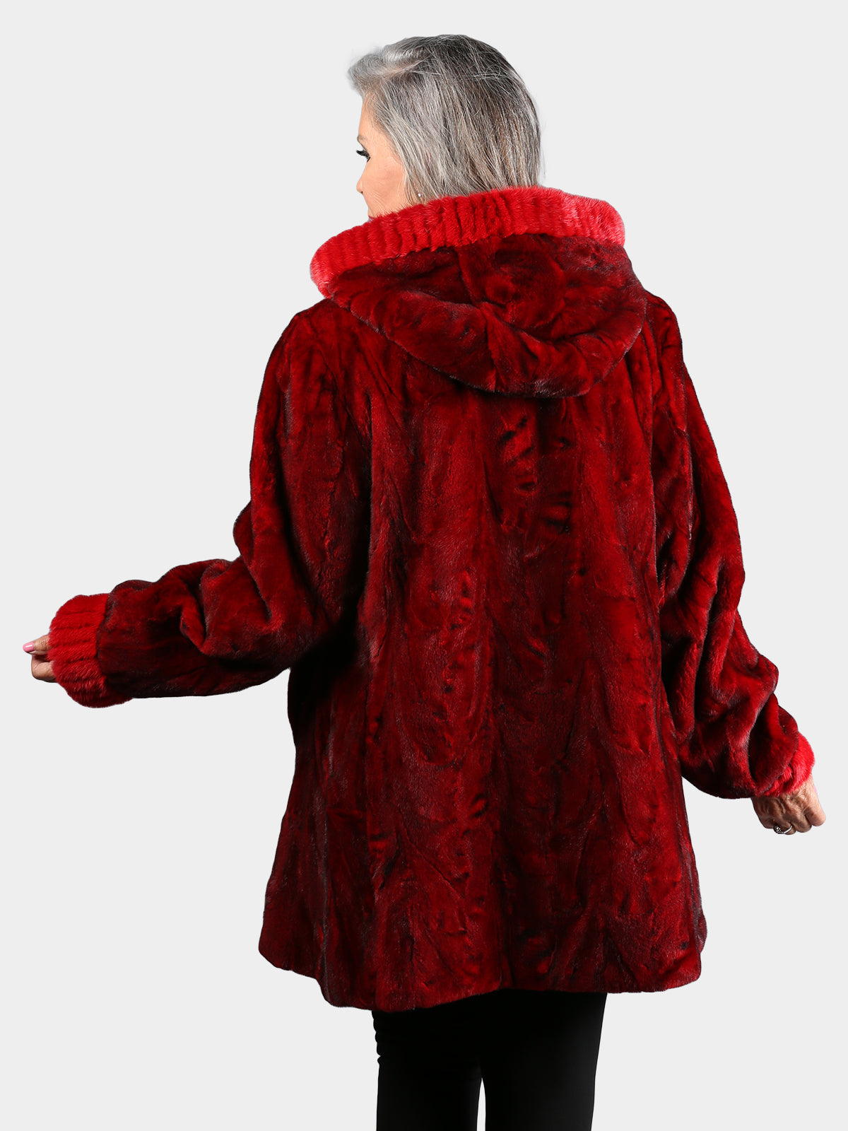 Women's Dyed Red Sculptured Sheared Mink Stroller with Hood
