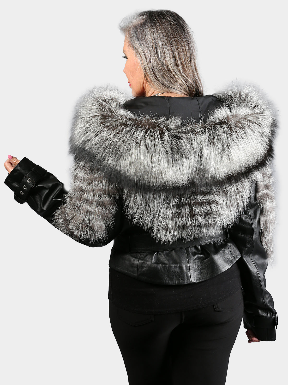 Women's Black Leather Jacket with Silver Fox Trim