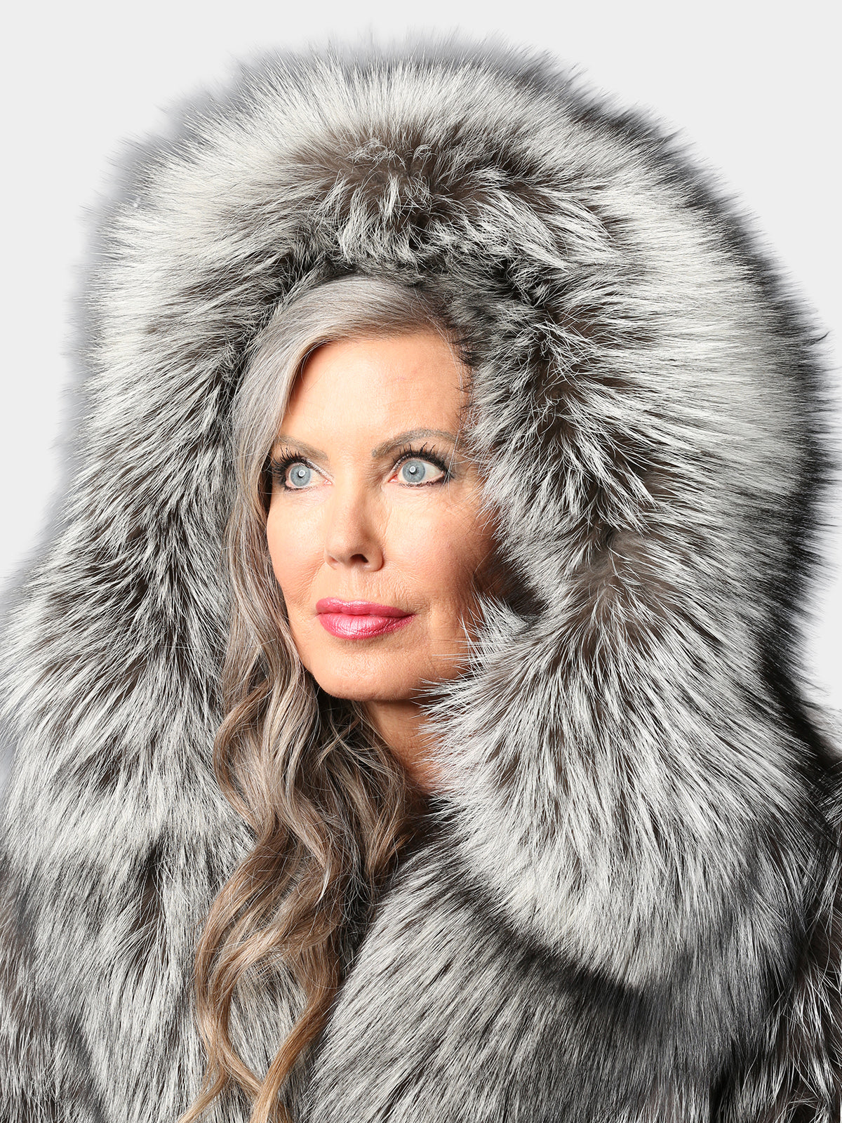 Women's Black Leather Jacket with Silver Fox Trim