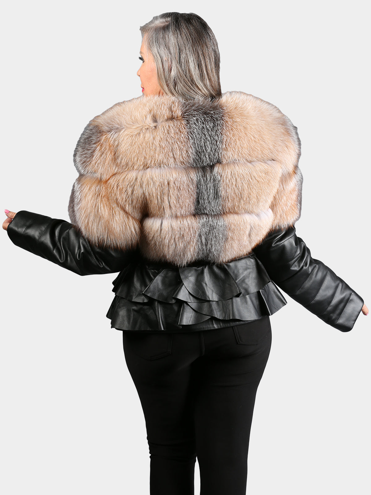 Women's Black Leather Jacket with Otoban Fox Trim