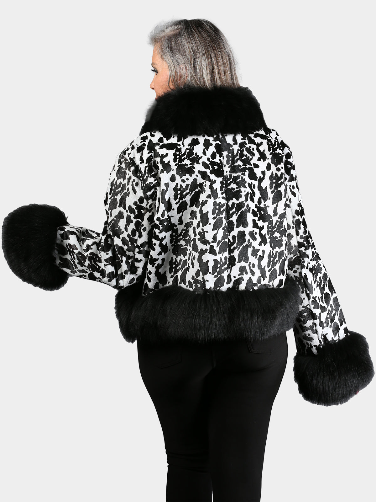 Women's Black & White Leopard Print Calf Skin Jacket with Fox Trim