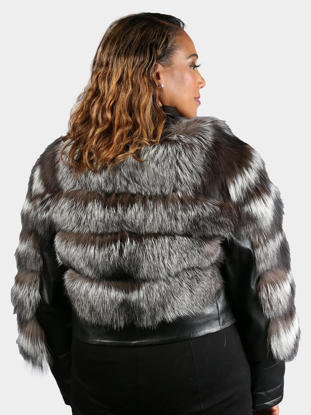 Women's Silver Fox Fur Jacket with Leather Trim