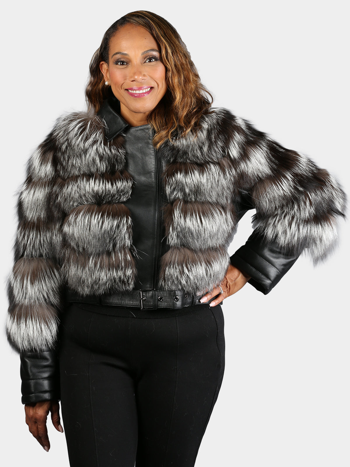 Women's Silver Fox Fur Jacket with Leather Trim