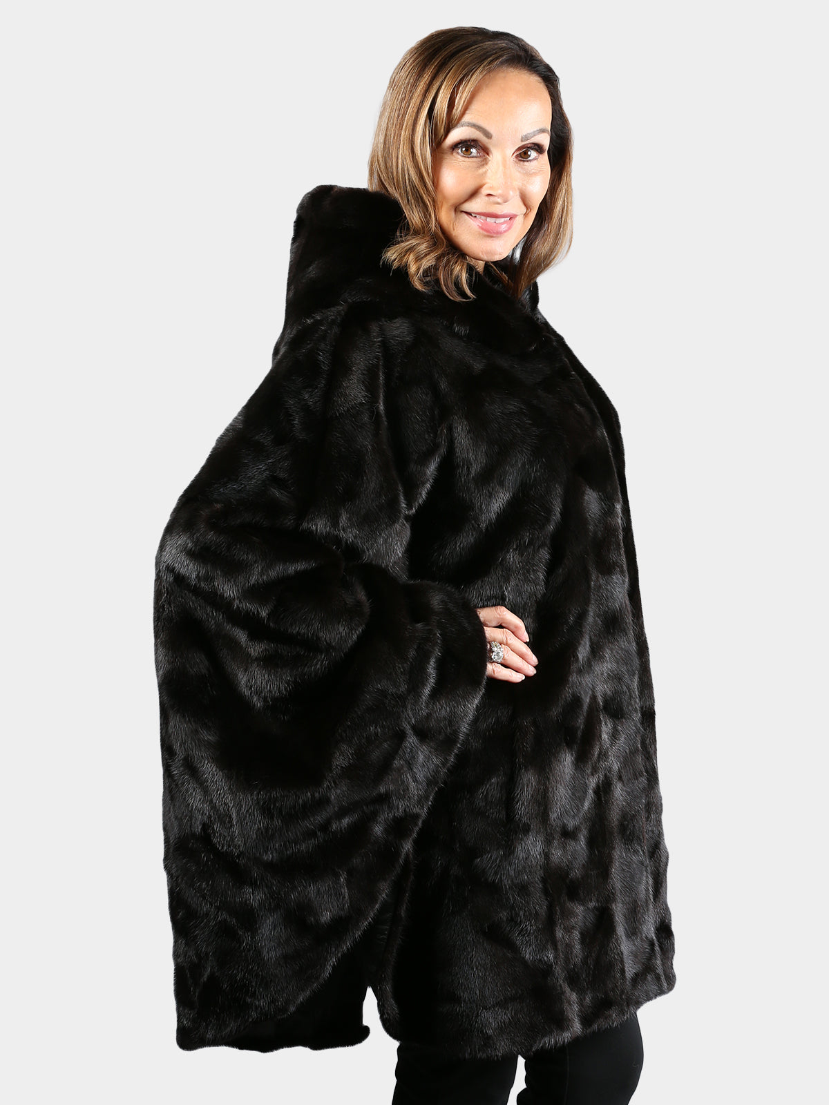 Women's Sculptured Mink Hooded Fur Poncho