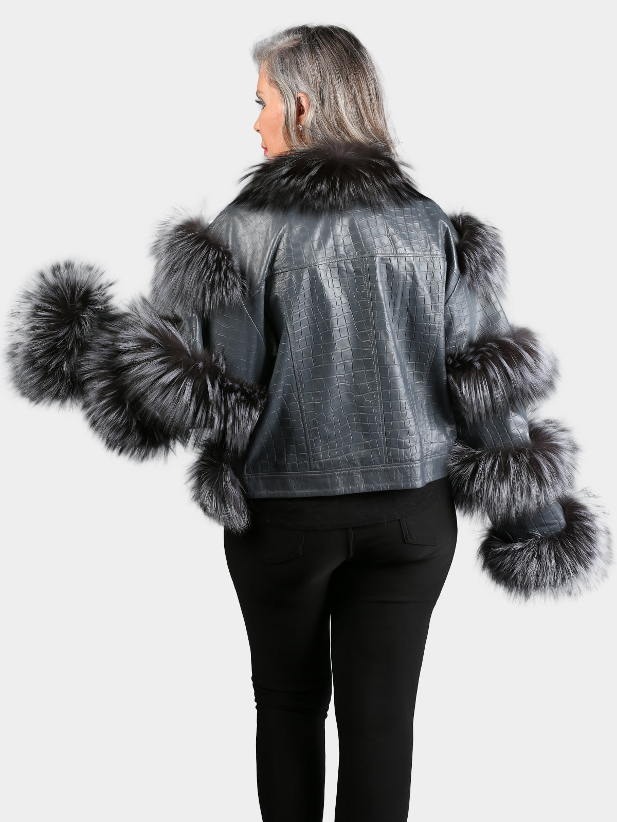 Women's Croc Embossed Gray Leather Jacket with Dyed Gray Fox Trim