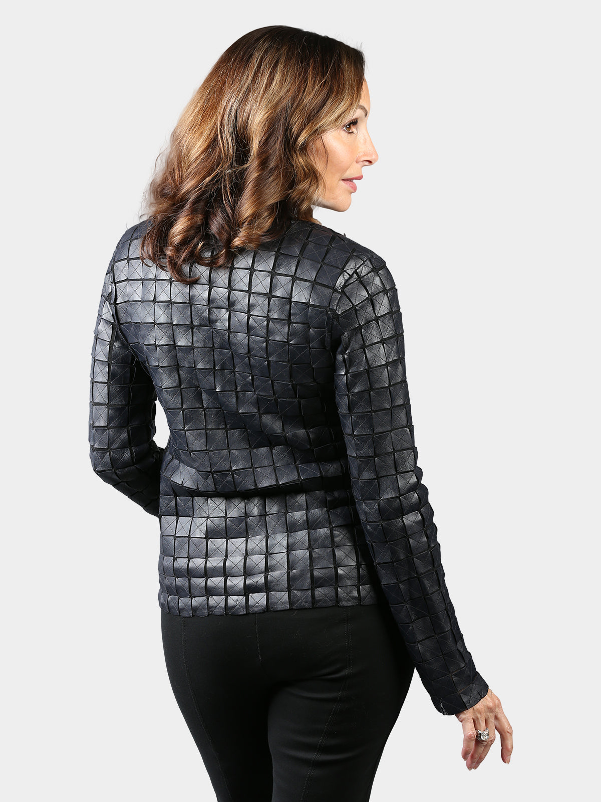 Woman's Navy Blue Lambskin Leather Squares Jacket