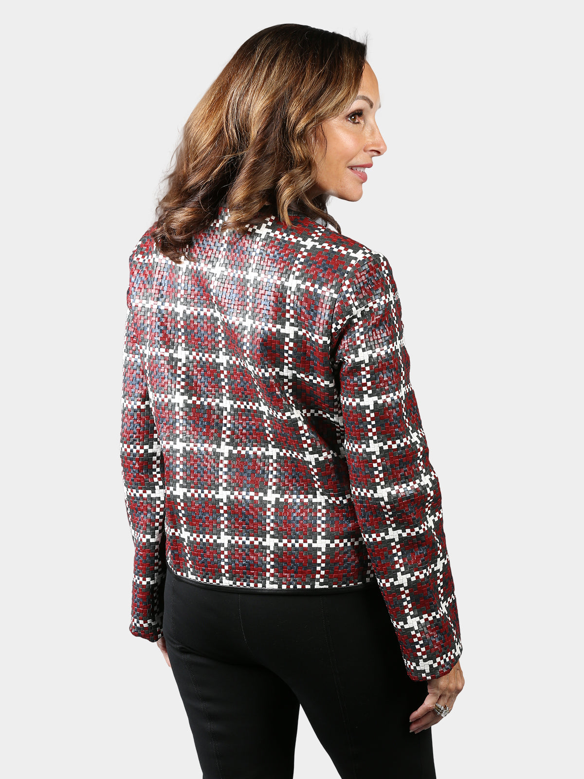 Woman's Red Checkers Knit Lambskin Leather Jacket