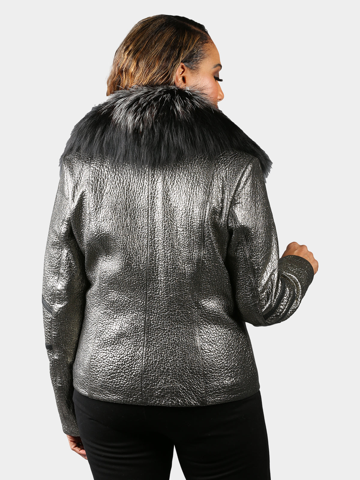 Woman's Metallic Silver Jumbo Leather Jacket with Black and Beige Detachable Fox Collar