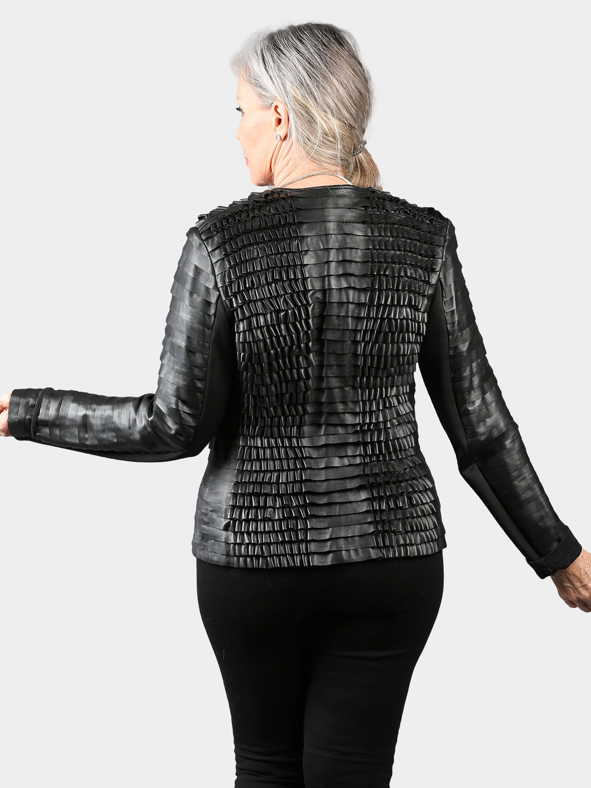 Woman's Black Ruffled Leather Jacket