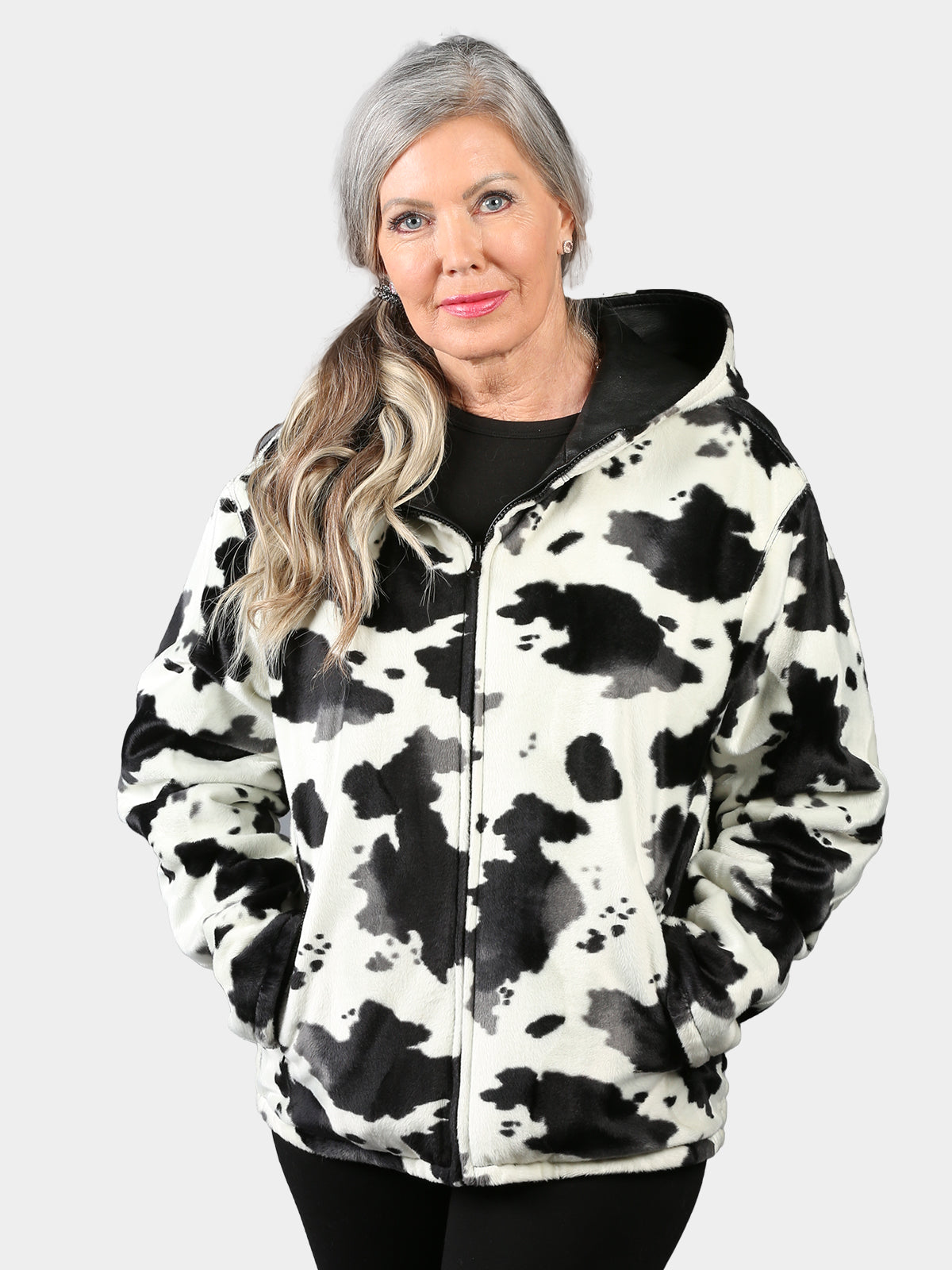 Woman's Black Hooded Leather Jacket Reversible to Cow Print Fabric