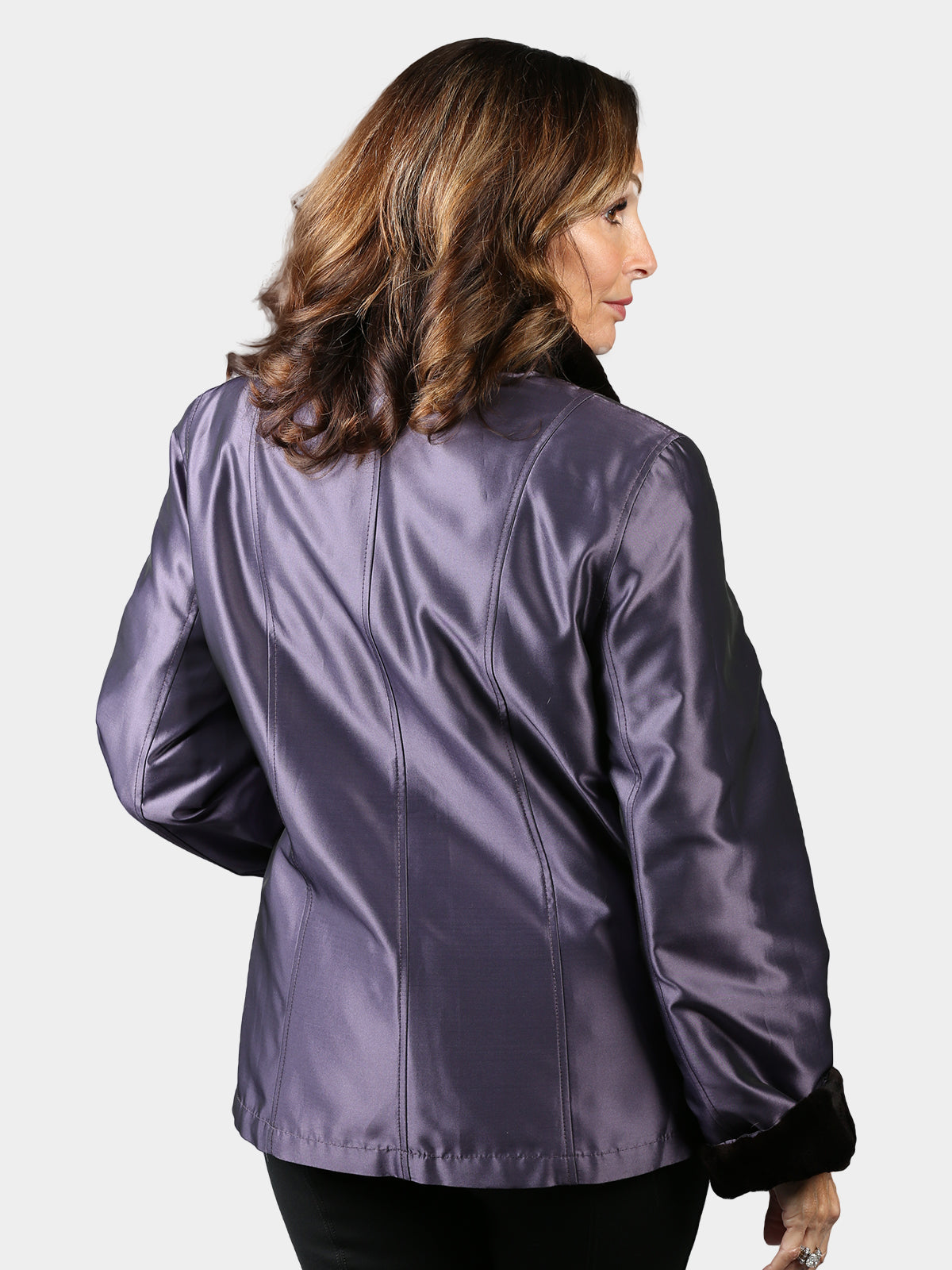 Woman's Black Diamond Cut Sheared Mink Fur Jacket Reversible to Purple Shimmer Taffeta