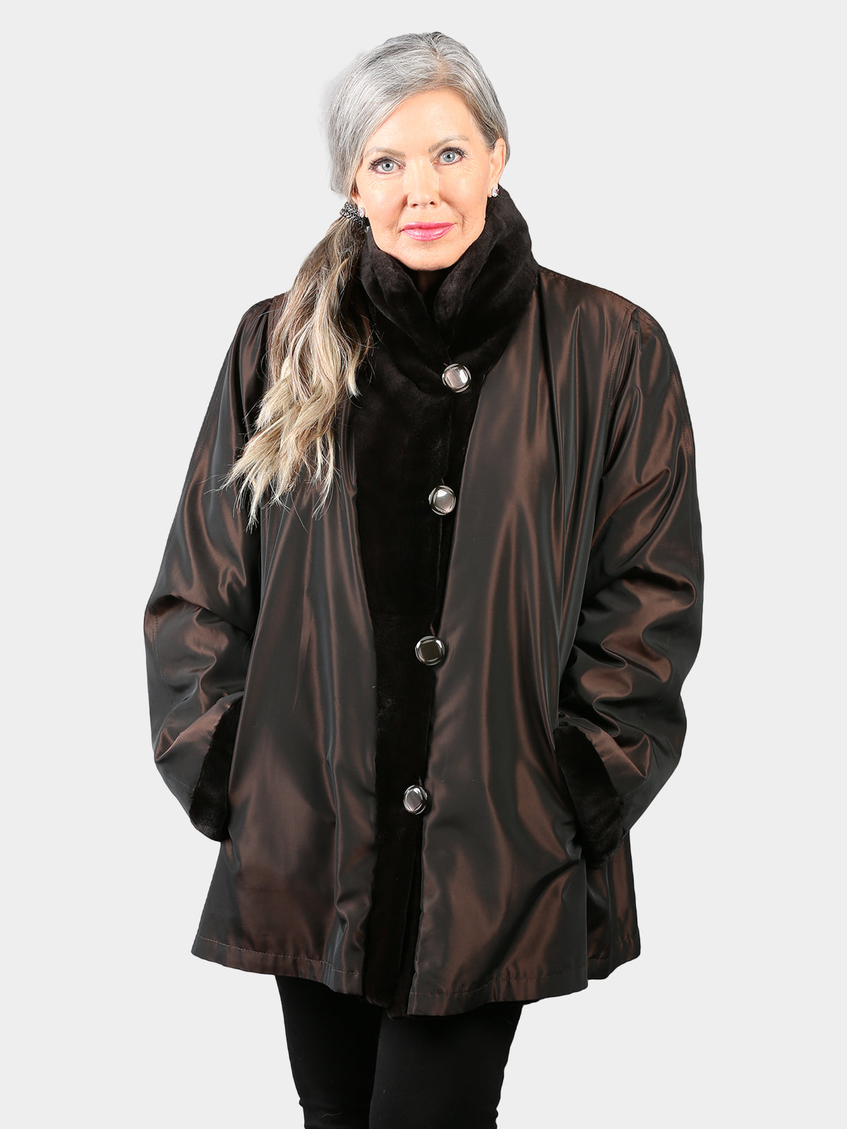 Woman's Brown Sheared Mink Fur Jacket Reversible to Brown Shimmer Taffeta