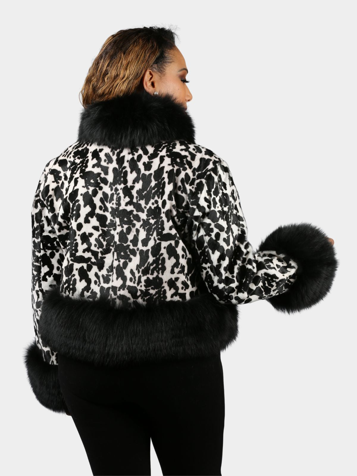 Women's Printed Leather Jacket with Black Fox Fur Trim
