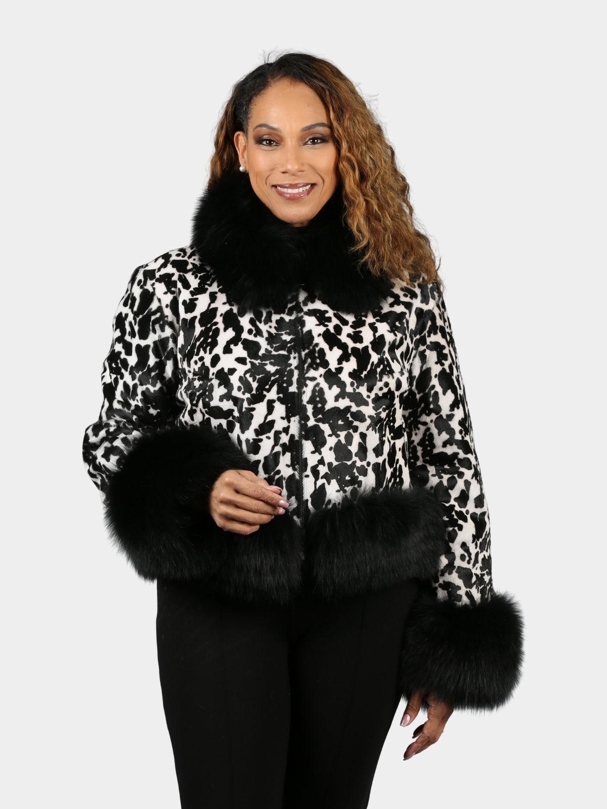 Women's Printed Leather Jacket with Black Fox Fur Trim