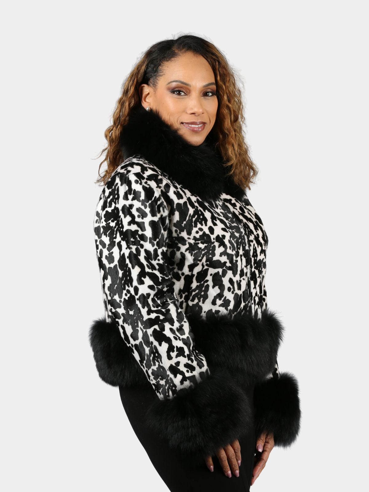 Women's Printed Leather Jacket with Black Fox Fur Trim