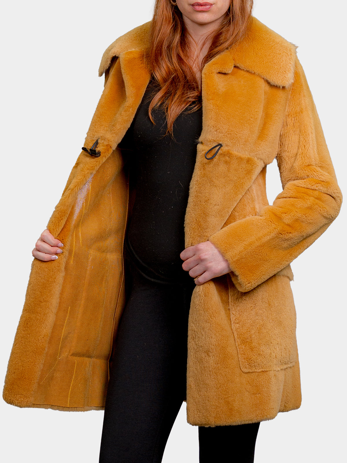 Women's Mustard Sheared Raccoon Stroller