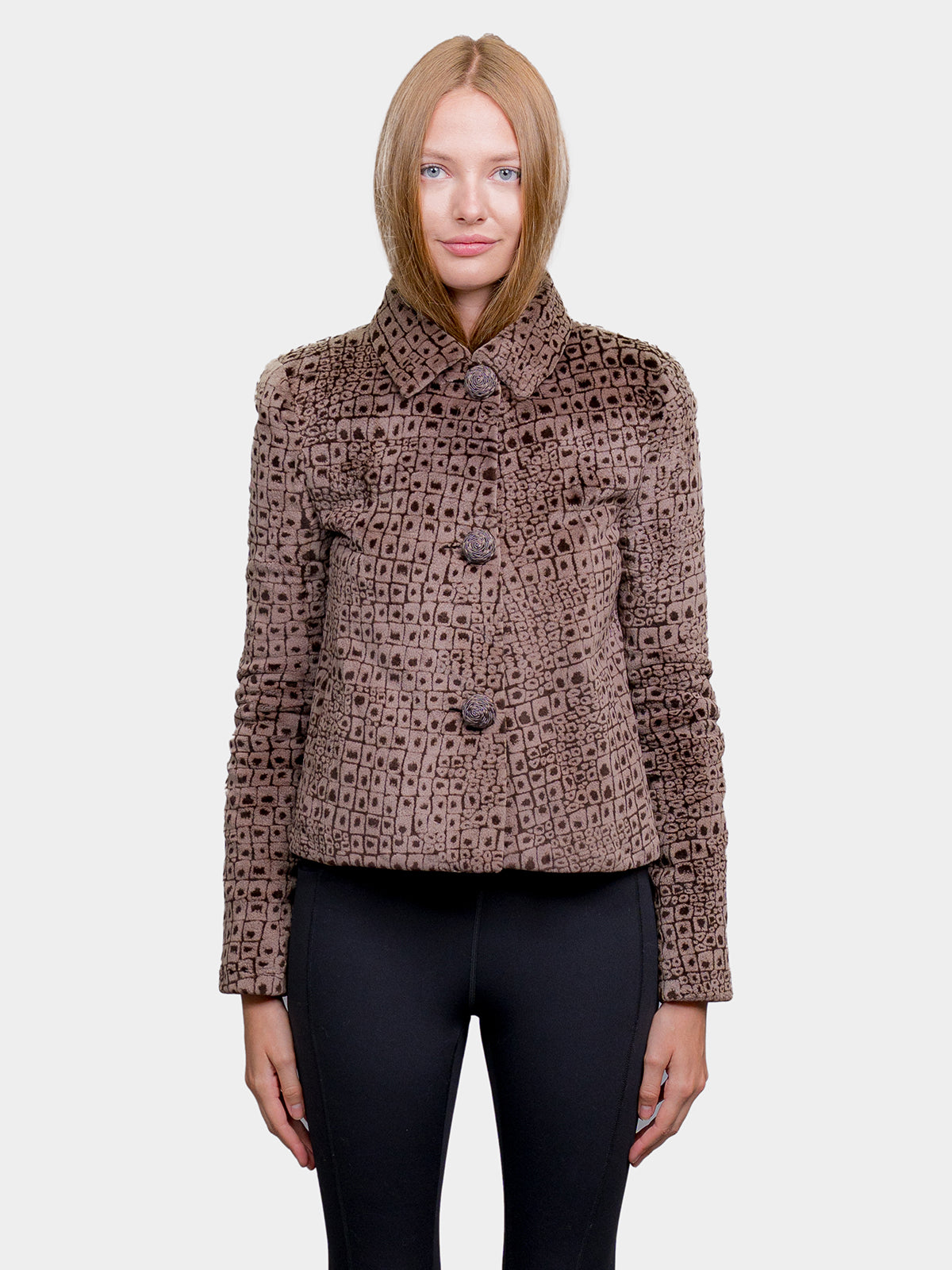 Women's Bejeweled Brown Laser Python Sheared Mink Jacket