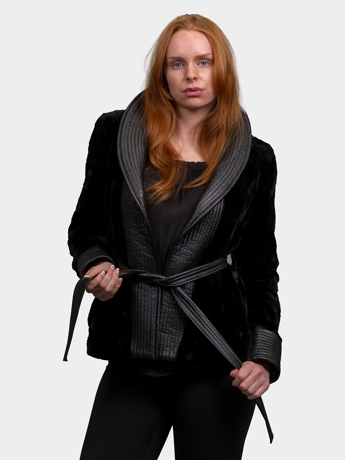 Women's Black Sculptured Sheared Mink Jacket with Leather Trim