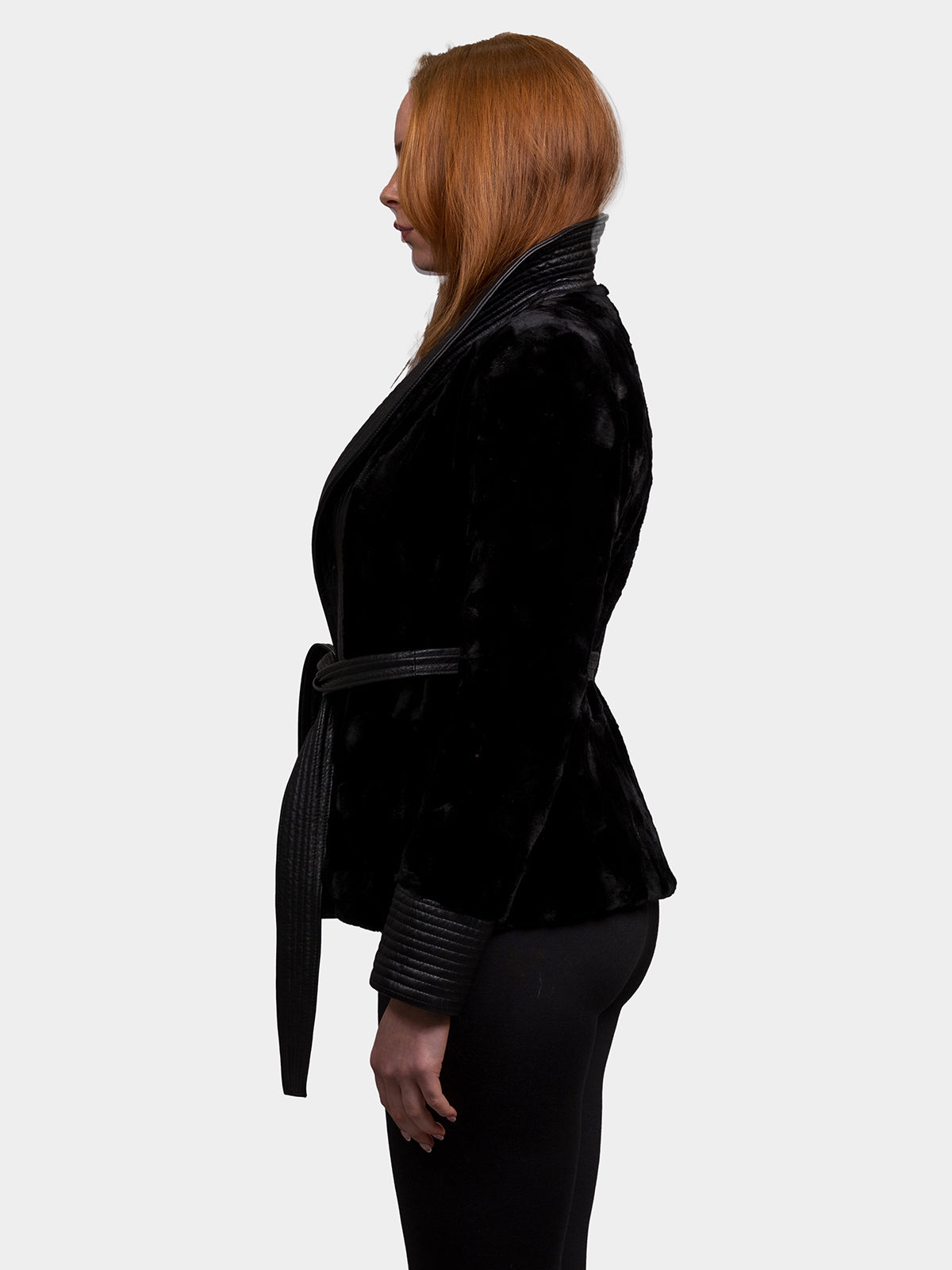 Women's Black Sculptured Sheared Mink Jacket with Leather Trim