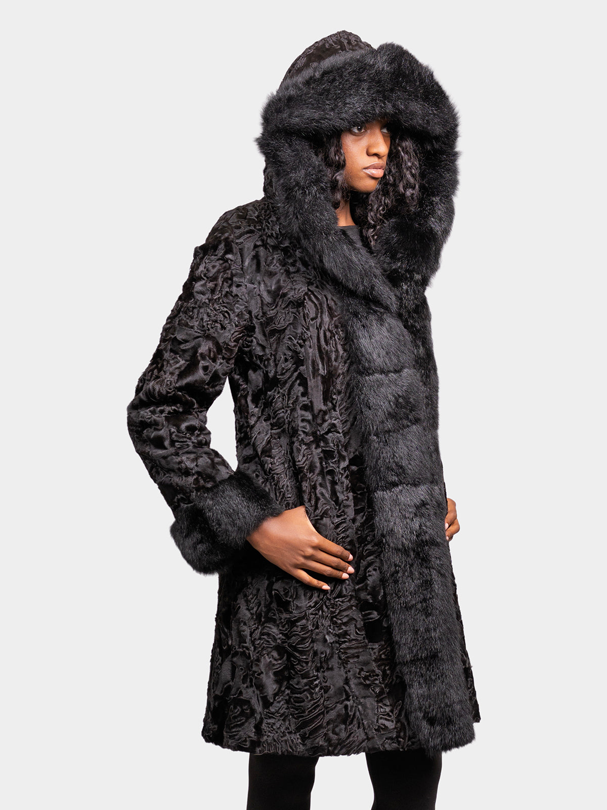 Women's Black Sculptured Persian Lamb Parka
