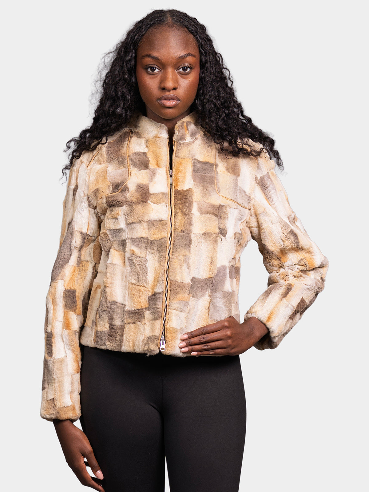 Women's Beige Sheared Coyote Pieces Jacket