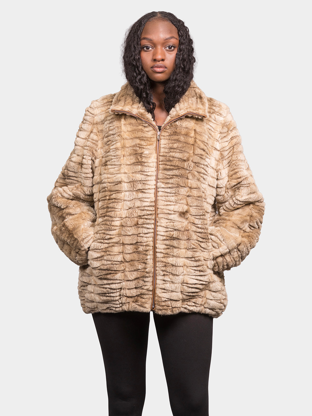 Women's Cream Grooved Sheared Beaver Bomber
