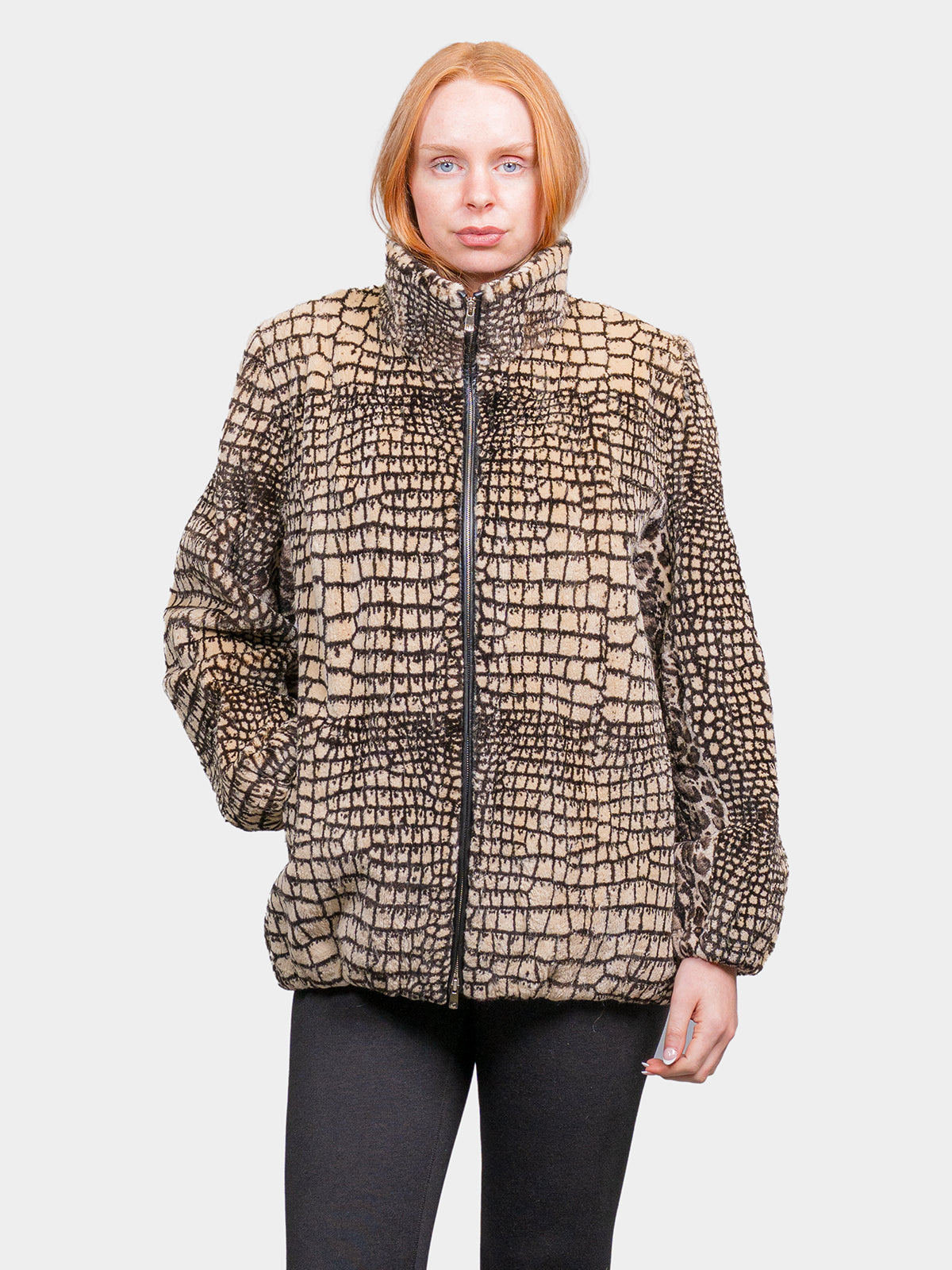 Women's Camel Animal Print Sheared Beaver Bomber