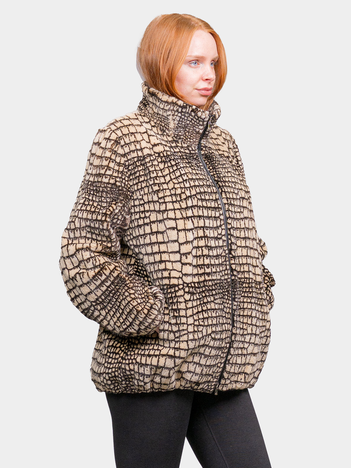 Women's Camel Animal Print Sheared Beaver Bomber