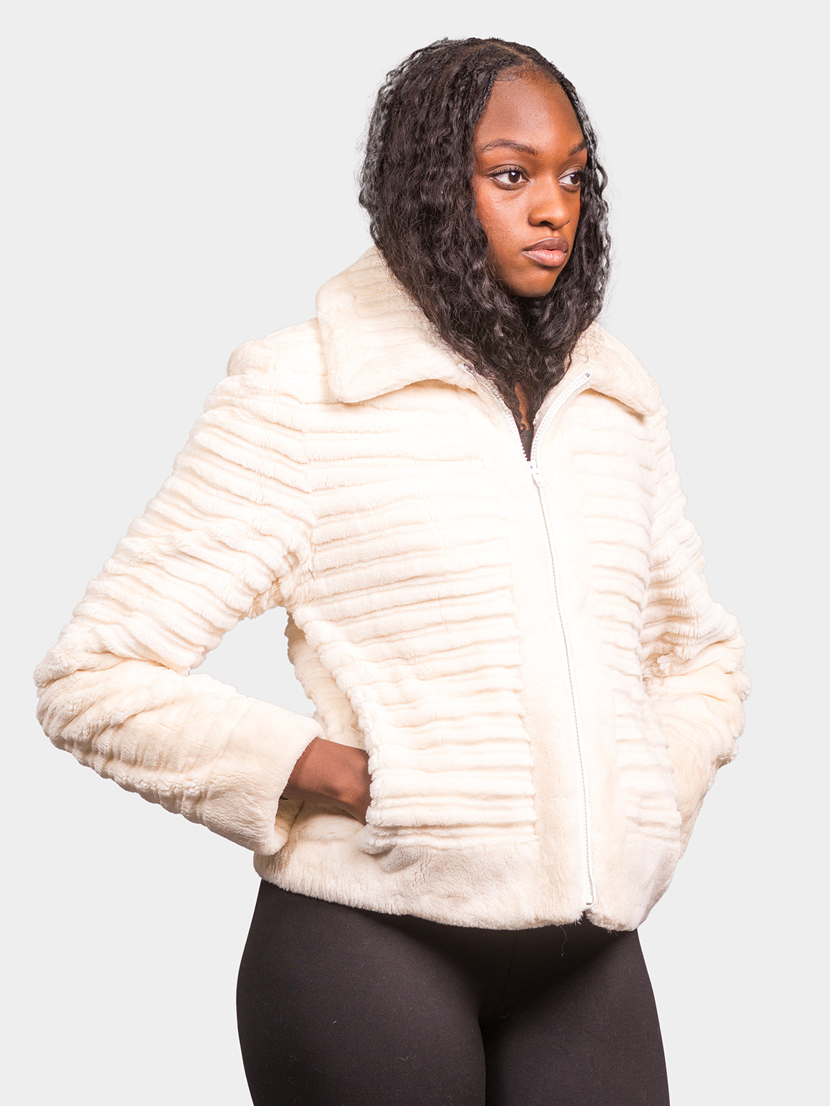 Women's White Grooved Sheared Beaver Jacket