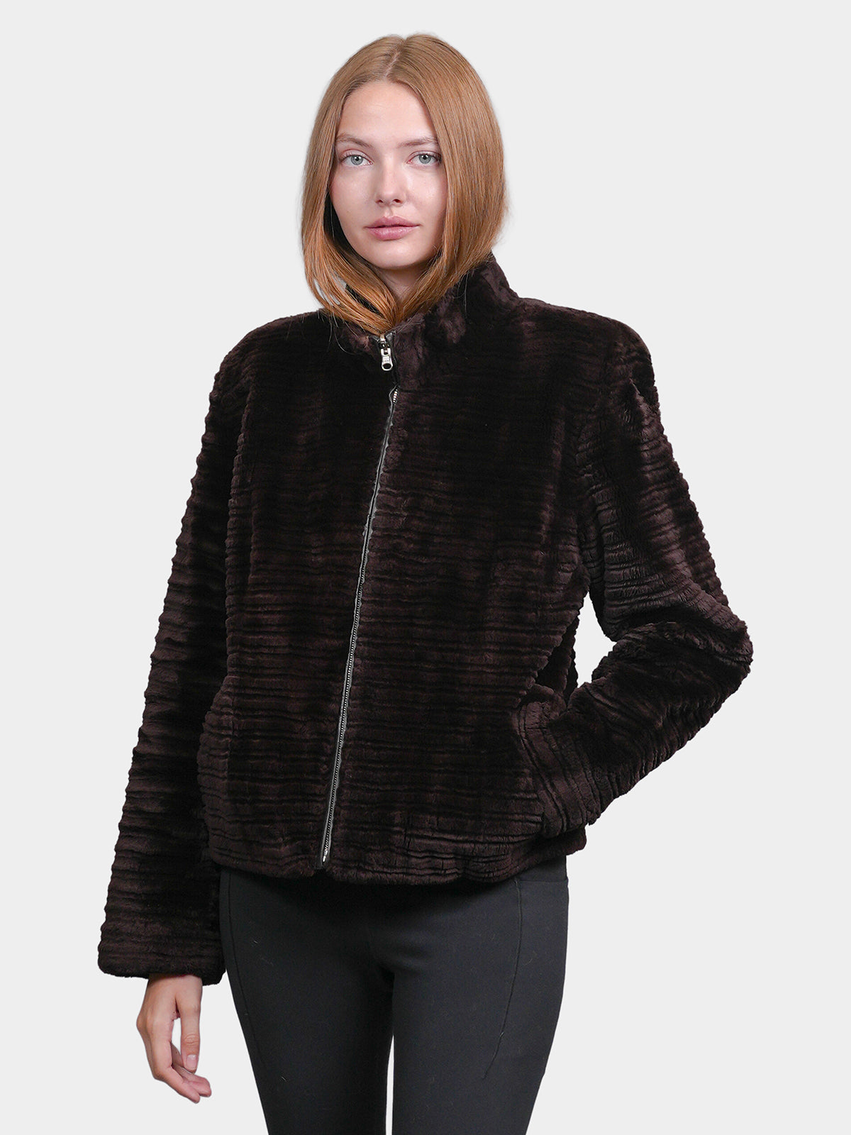 Women's Brown Grooved Sheared Beaver Jacket