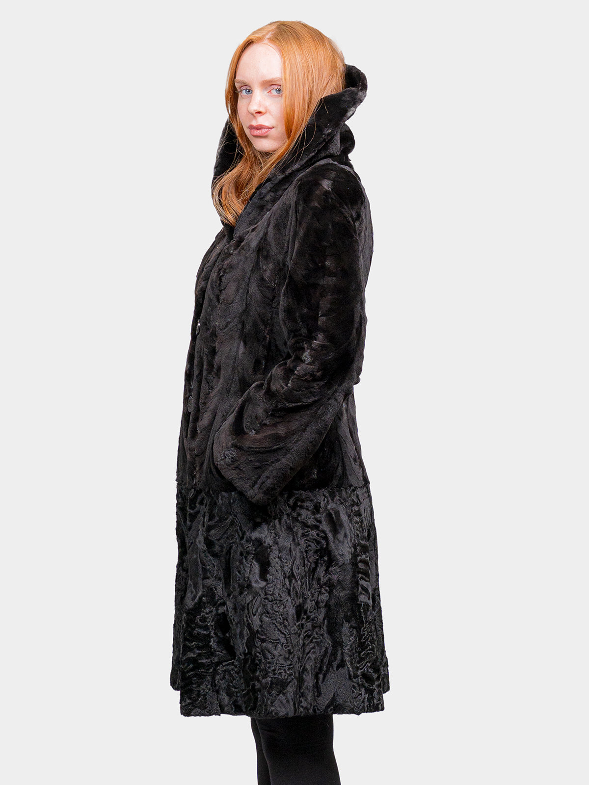 Women's Black Sculptured Sheared Mink and Karakul Stroller