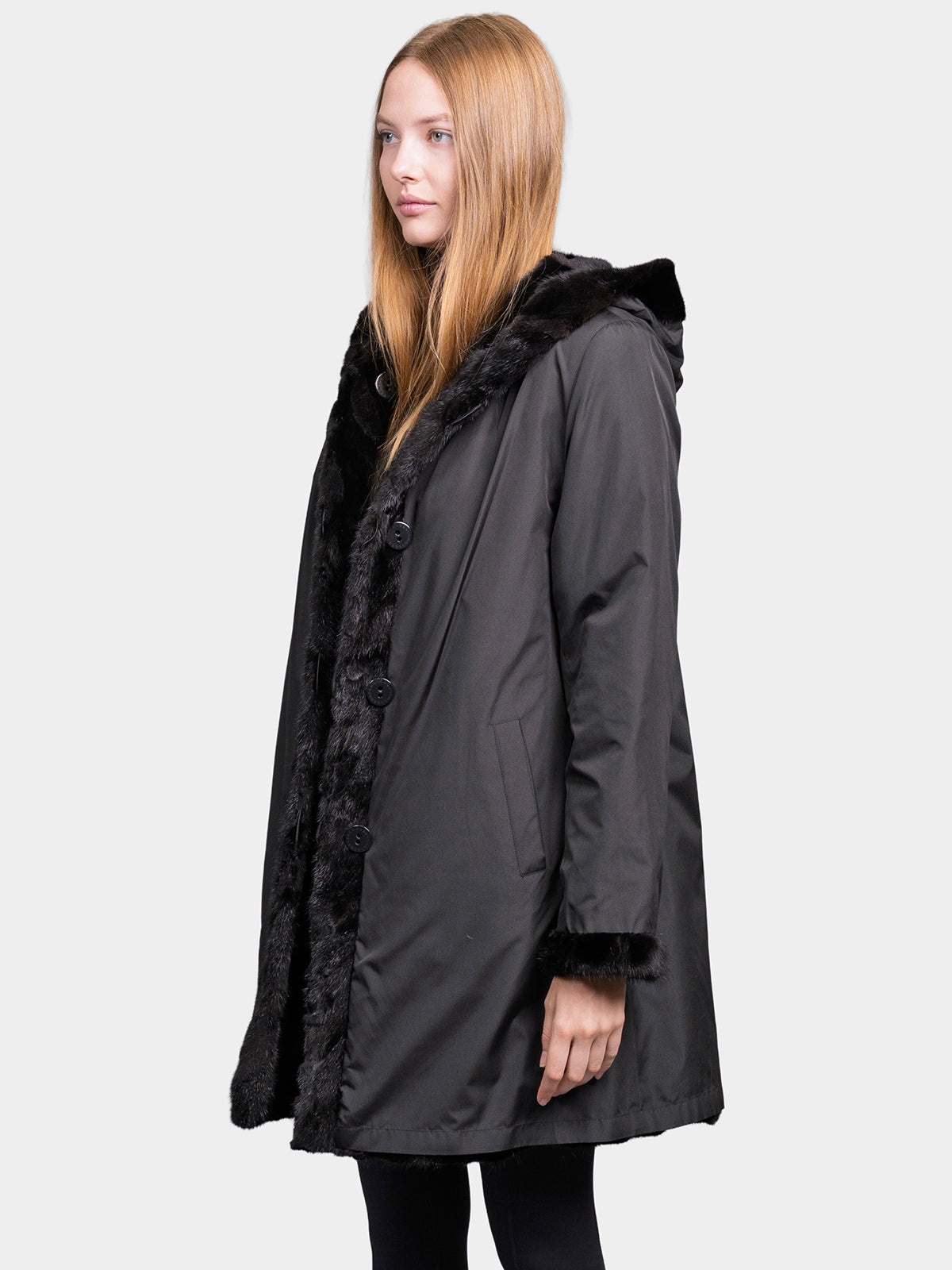 Women's Black Sculptured Sheared Mink Parka