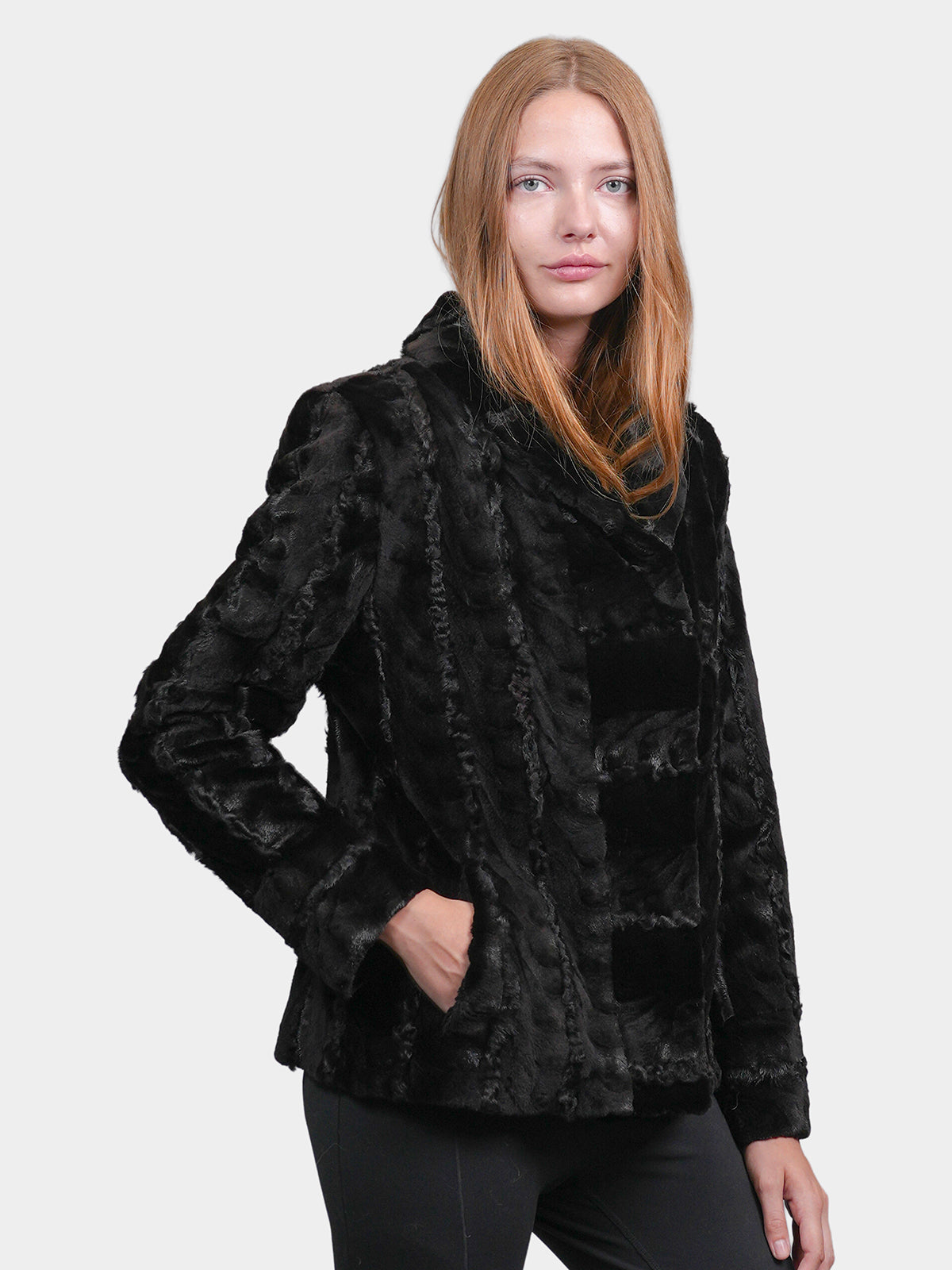 Women's Black Sculptured Sheared Mink Jacket with Karakul Inserts