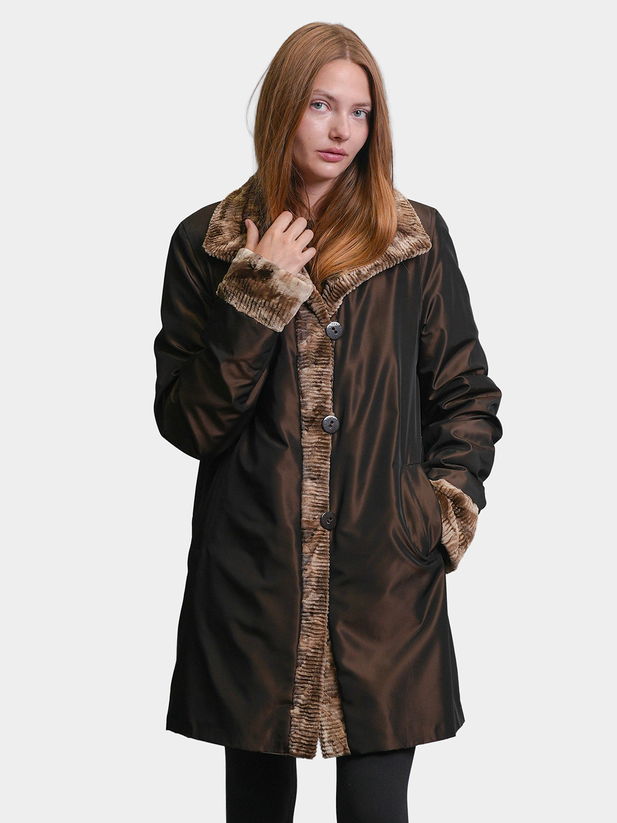 Women's Reversible Foiled Chocolate Sheared Mink Stroller