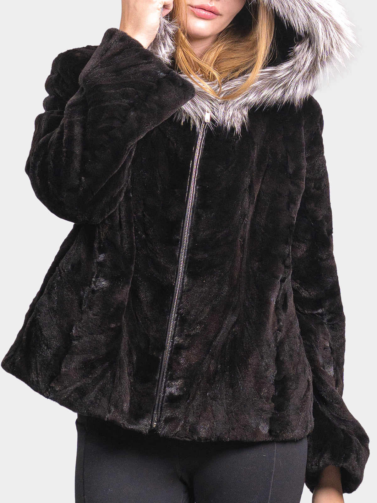 Women's Black Sculptured Sheared Mink Parka