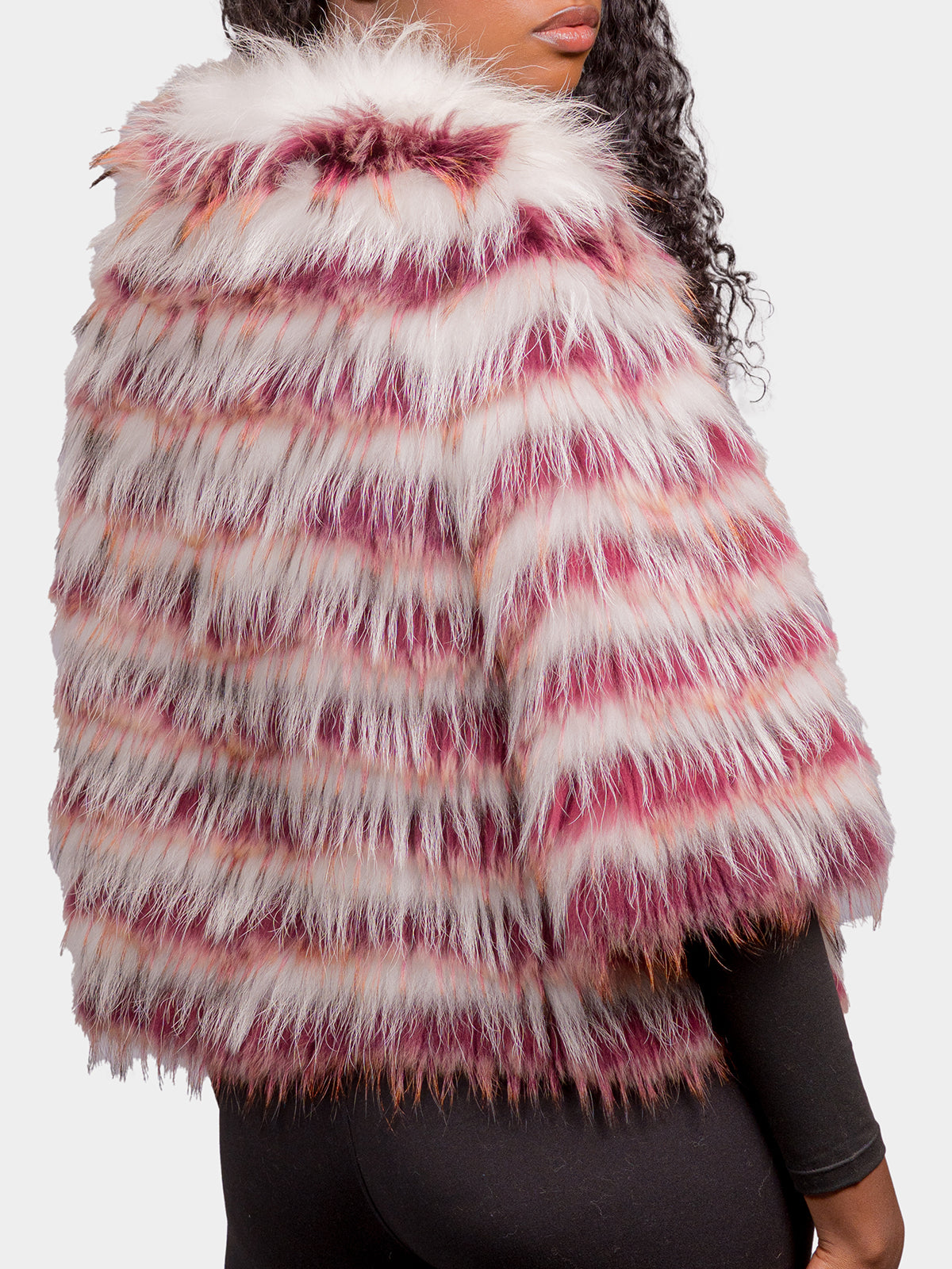 Women's Wine & White Feathered Raccoon Jacket