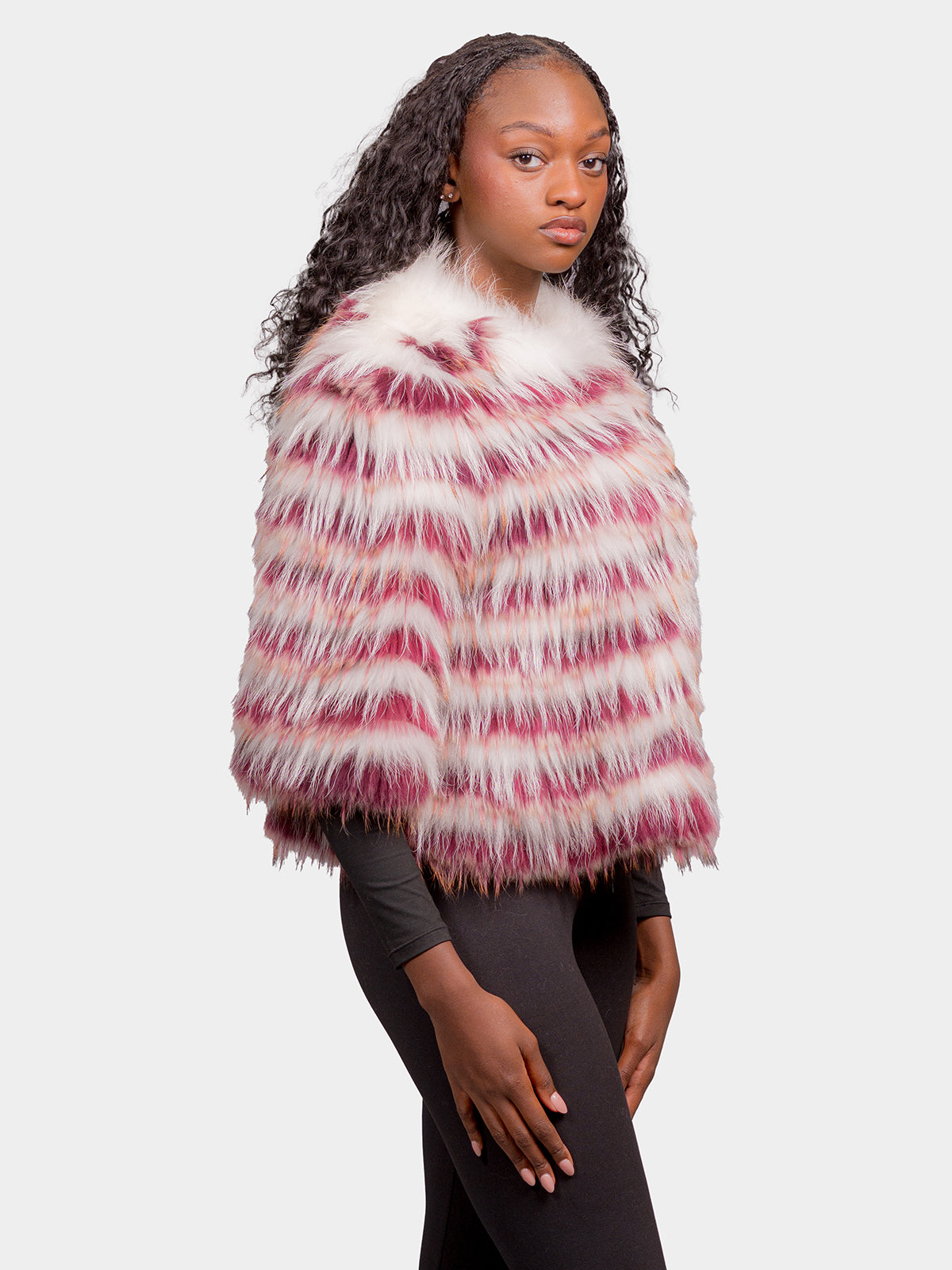 Women's Wine & White Feathered Raccoon Jacket