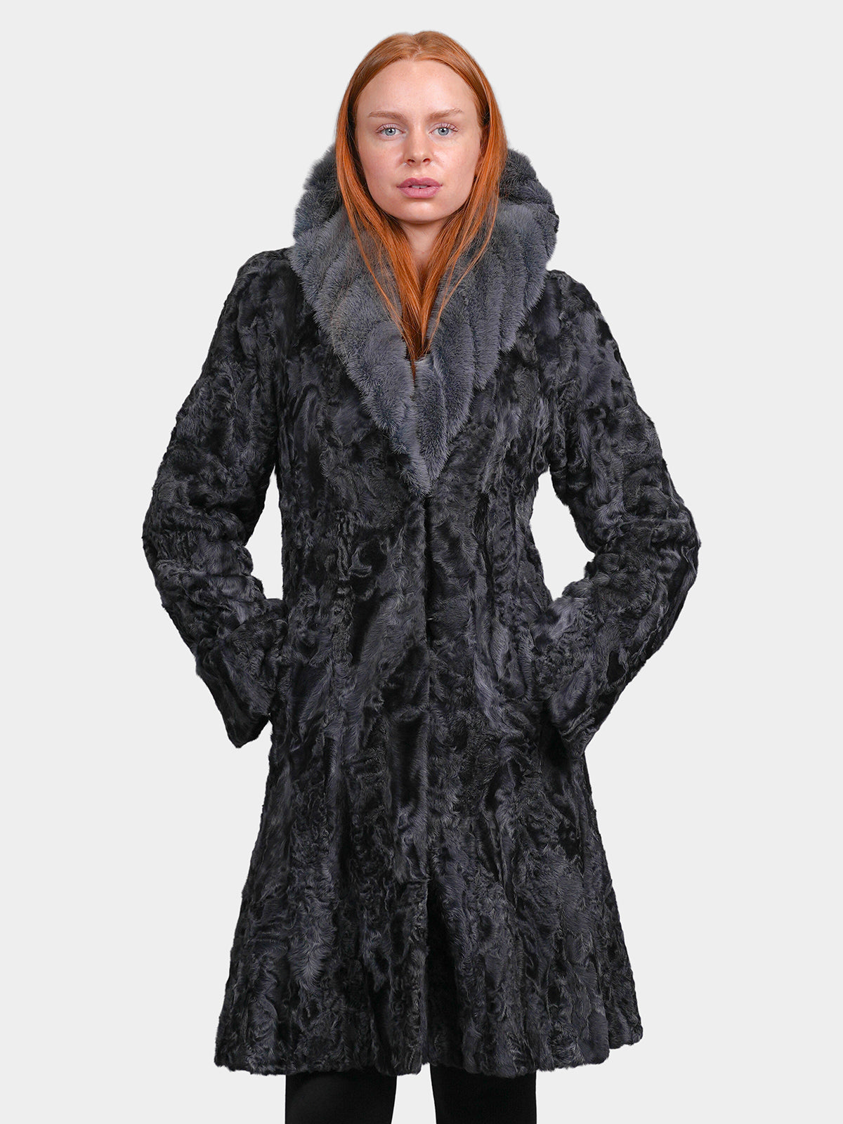 Women's Blue Grey Shearling Stroller with Sculptured Karakul/Mink Collar