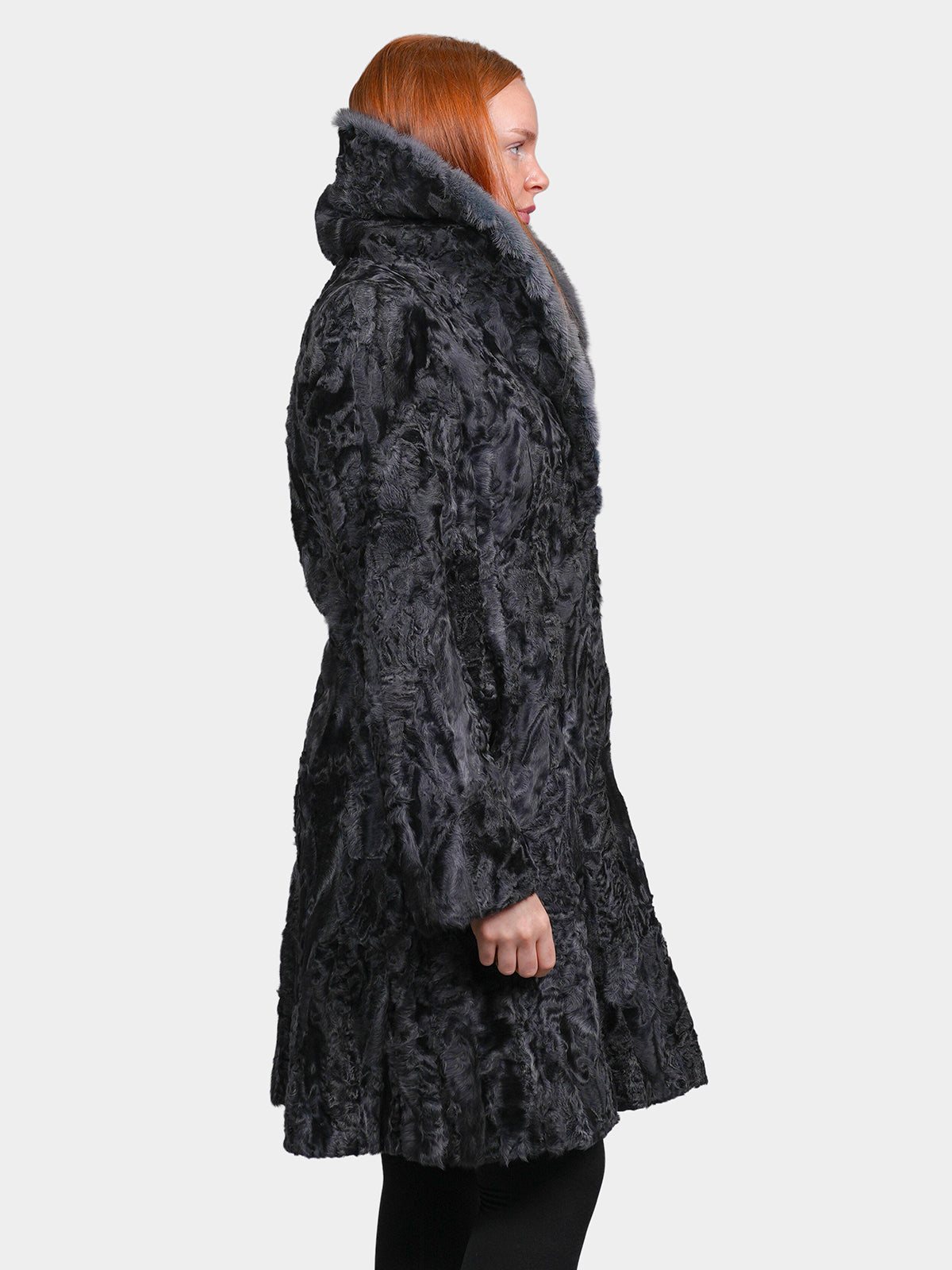 Women's Blue Grey Shearling Stroller with Sculptured Karakul/Mink Collar