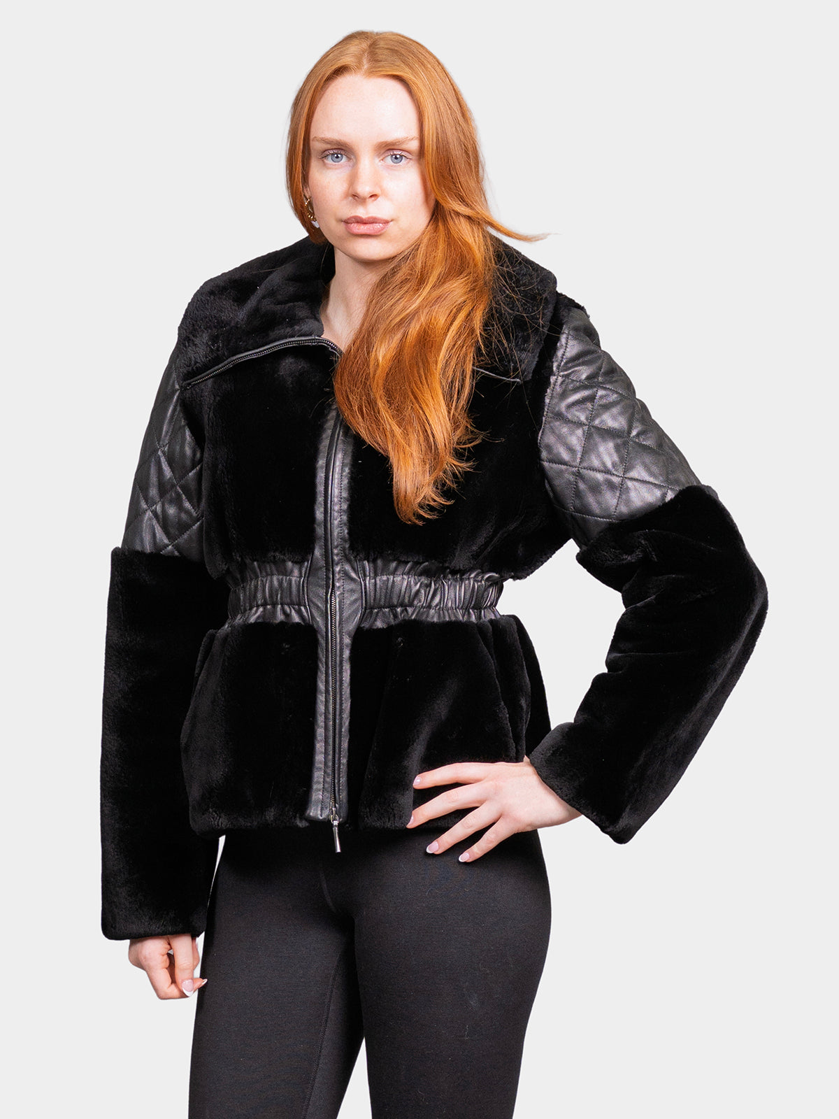 Women's Black Sheared Beaver Jacket with Leather