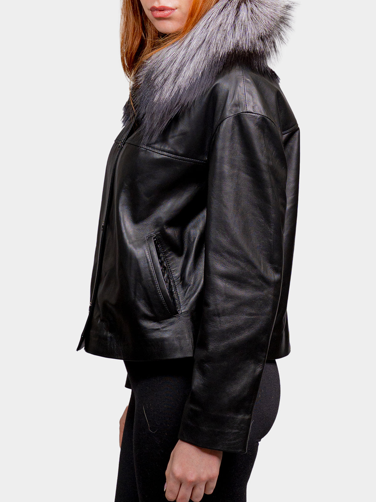 Women's Black Leather Jacket with Silver Fox Collar