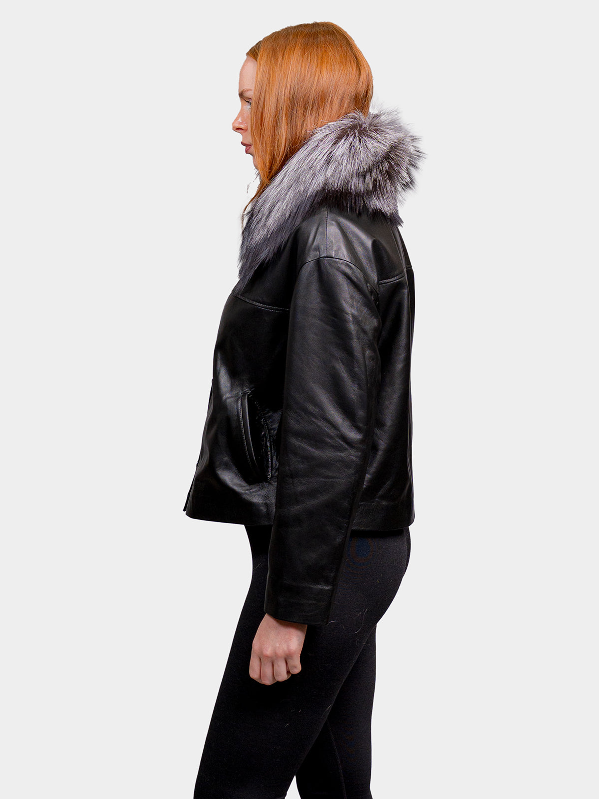 Women's Black Leather Jacket with Silver Fox Collar