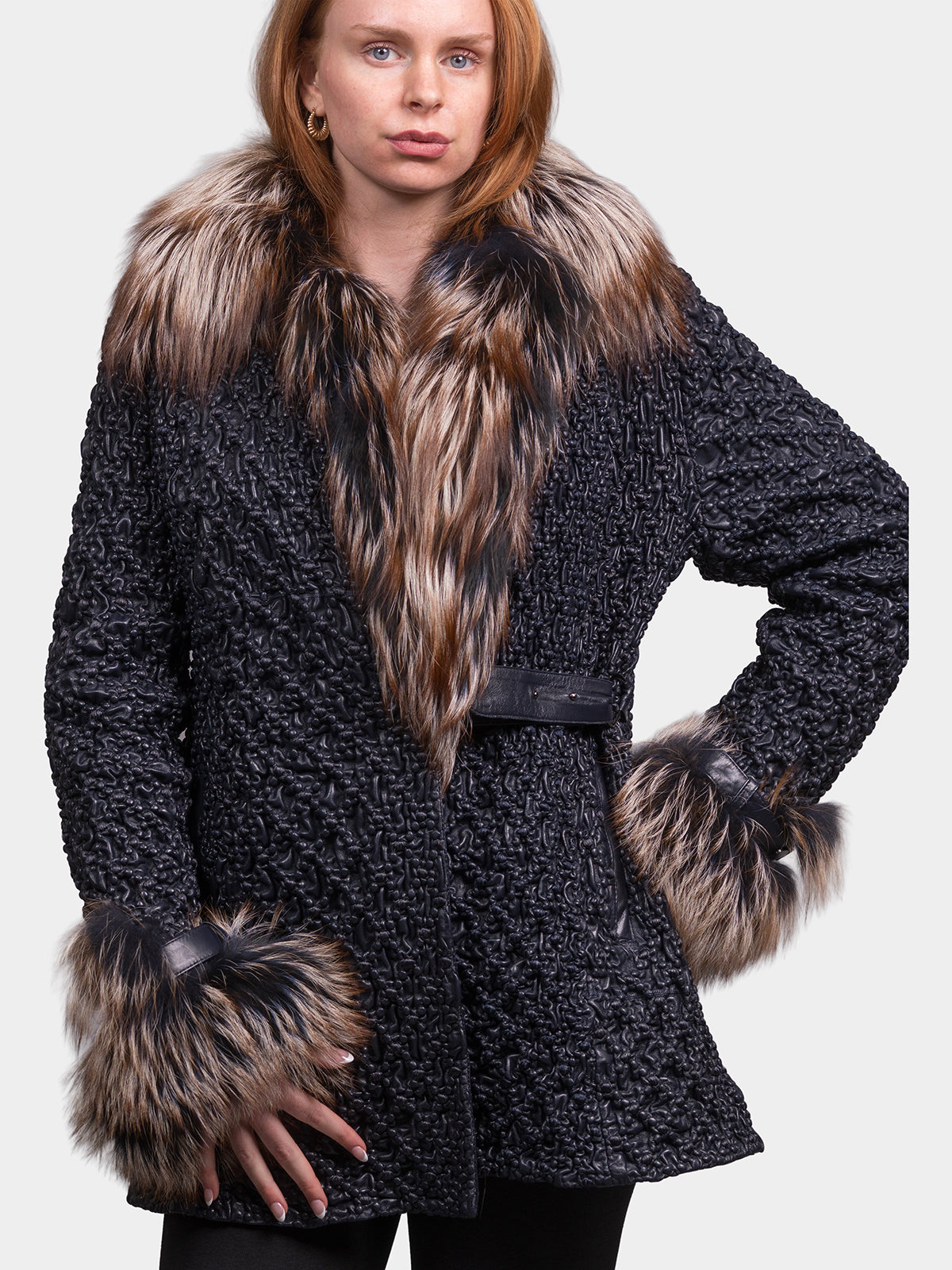 Women's Navy Bubble Leather Jacket with Fox Collar and Trim