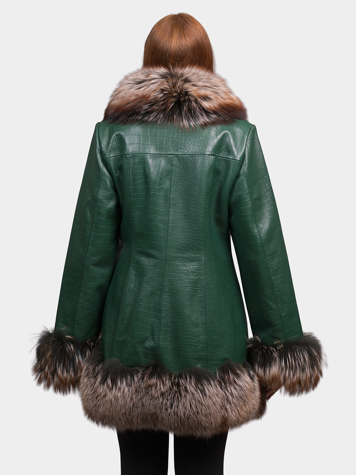 Women's Green Printed Leather Coat with Fox Collar and Trim