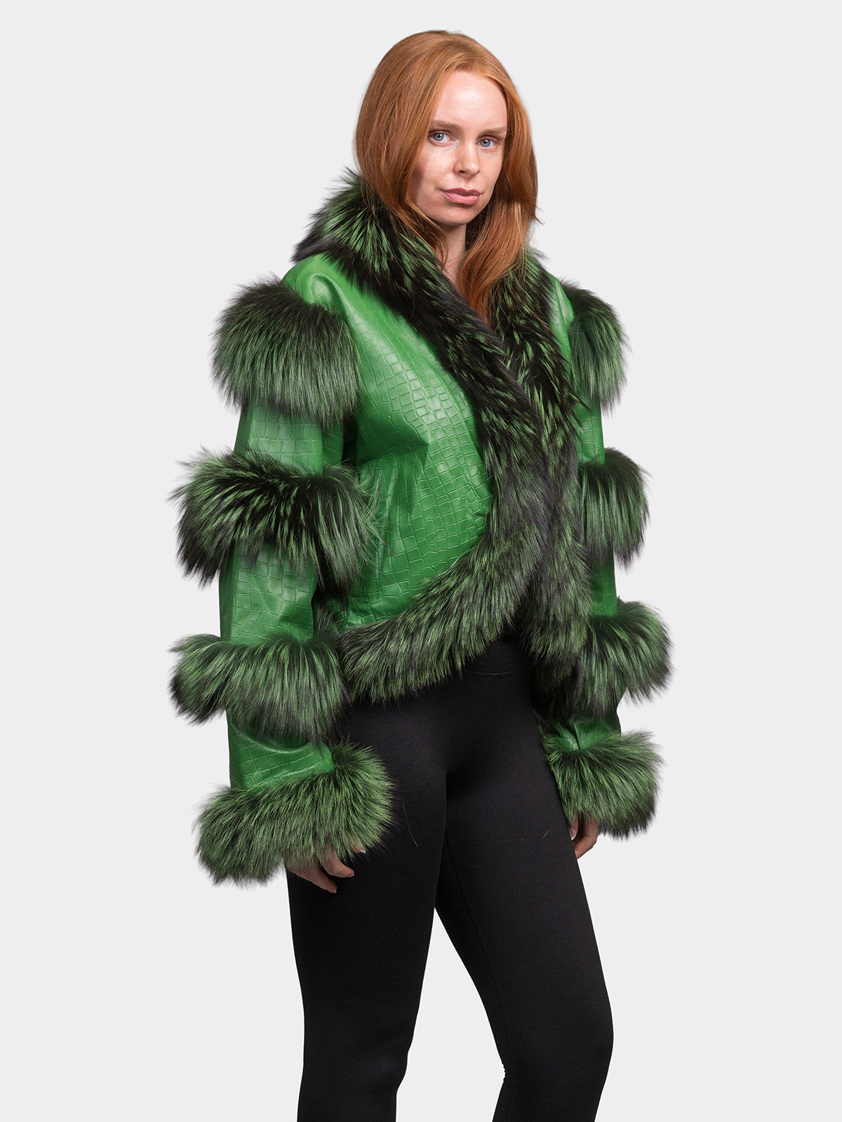 Women's Green Leather Fox Trim Jacket