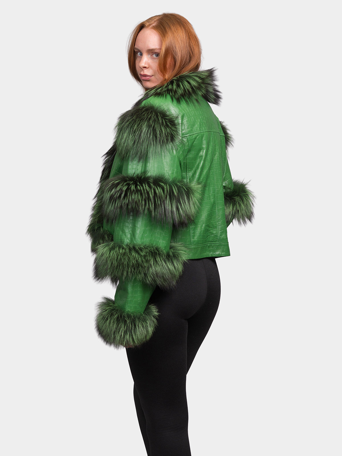 Women's Green Leather Fox Trim Jacket