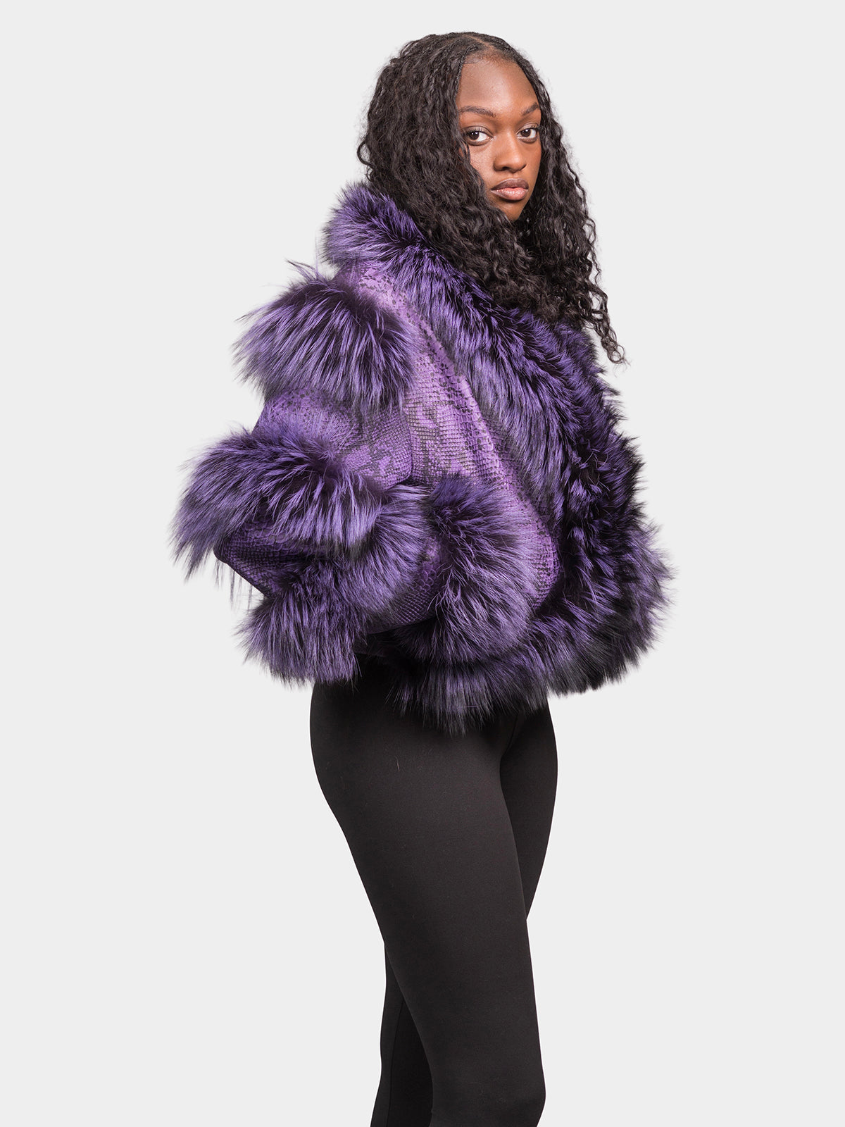 Women's Purple Leather Jacket with Fox Trim