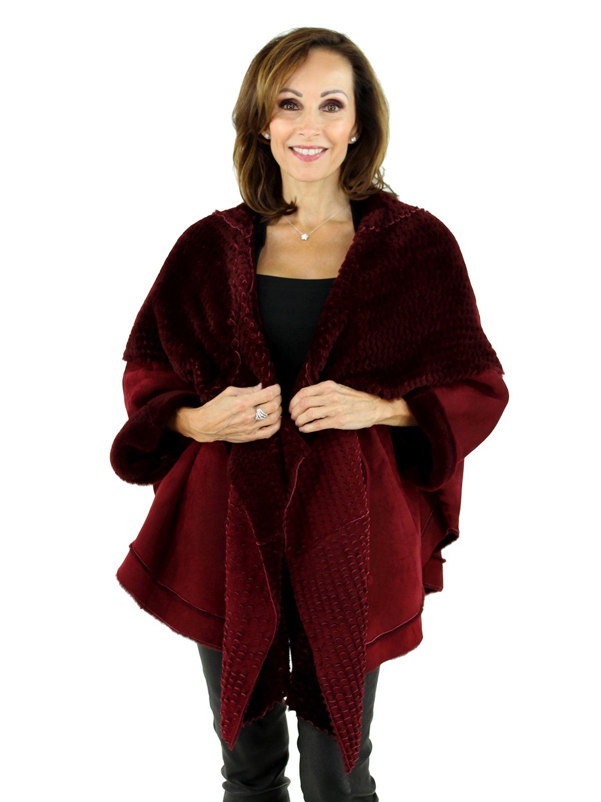 Woman's Cranberry Red Shearling Lamb Cape Jacket