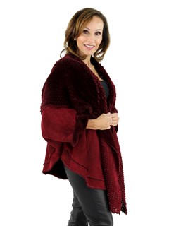 Woman's Cranberry Red Shearling Lamb Cape Jacket